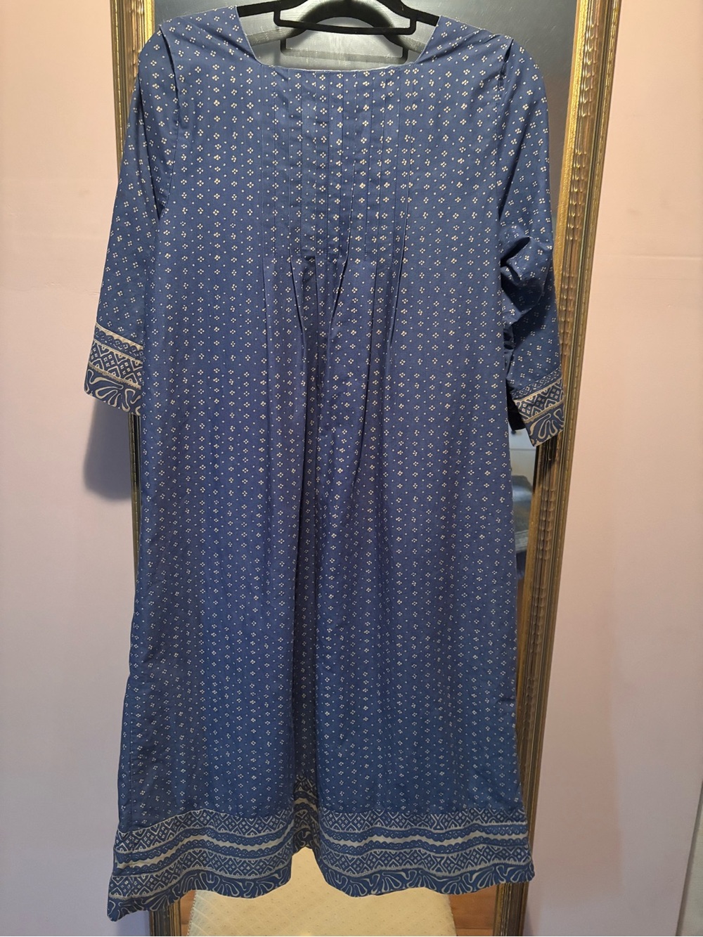Vintage Marimekko Finnish Indigo Midi Cotton Dress with Cream Geometric Trim - Picture 7 of 8